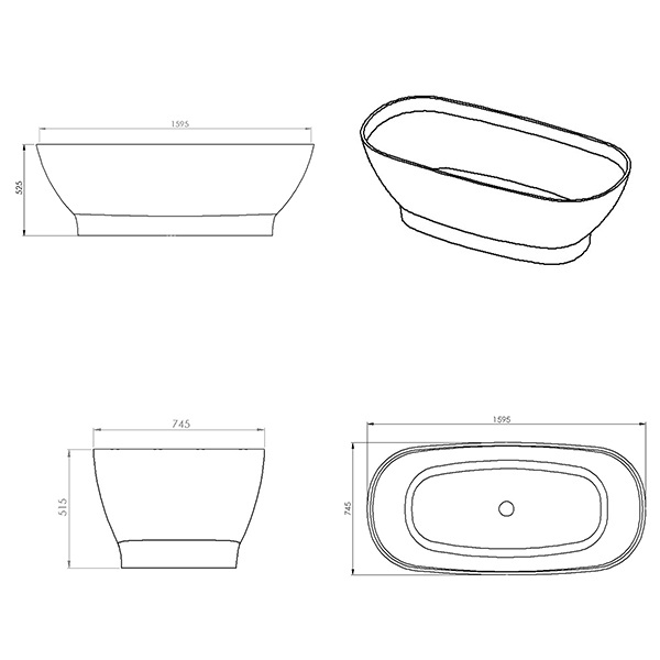 Ovale Polished White / Midnight Stone Freestanding Bath (1595x745x515mm) - Image 4
