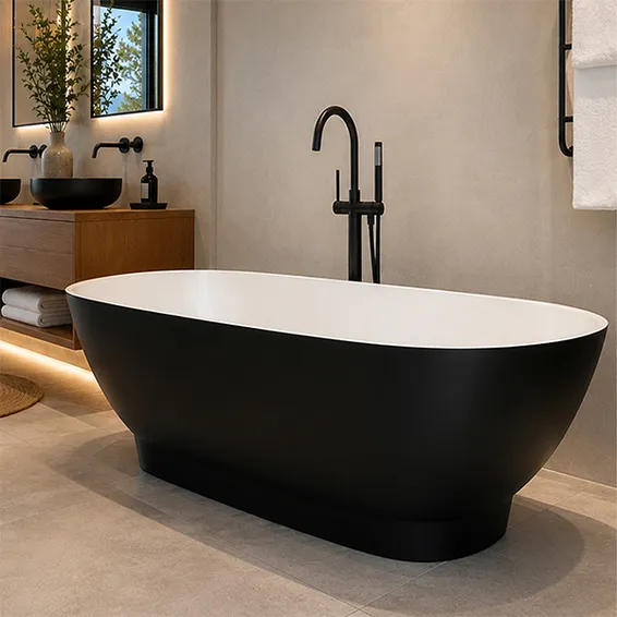 Ovale Polished White / Midnight Stone Freestanding Bath (1595x745x515mm) - Image 2